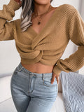 Knotted V Neck Crop Sweater, Casual Lantern Long Sleeve Loose Fall Winter Crop Knit Sweater, Women's Clothing