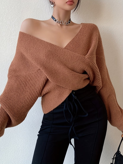 vlovelaw Solid Cross Front Knit Sweater, Sexy V Neck Long Sleeve Loose Fashion Sweater, Women's Clothing
