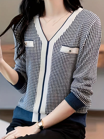 vlovelaw  Allover Pattern V Neck Sweater, Elegant Long Sleeve Sweater For Spring & Fall, Women's Clothing