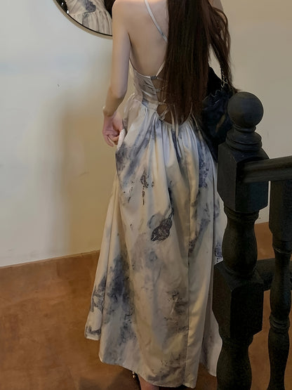 Ink Painting Print V-neck Cami Dress, Vintage Sleeveless Split Hem Ruched Dress For Spring & Summer, Women's Clothing