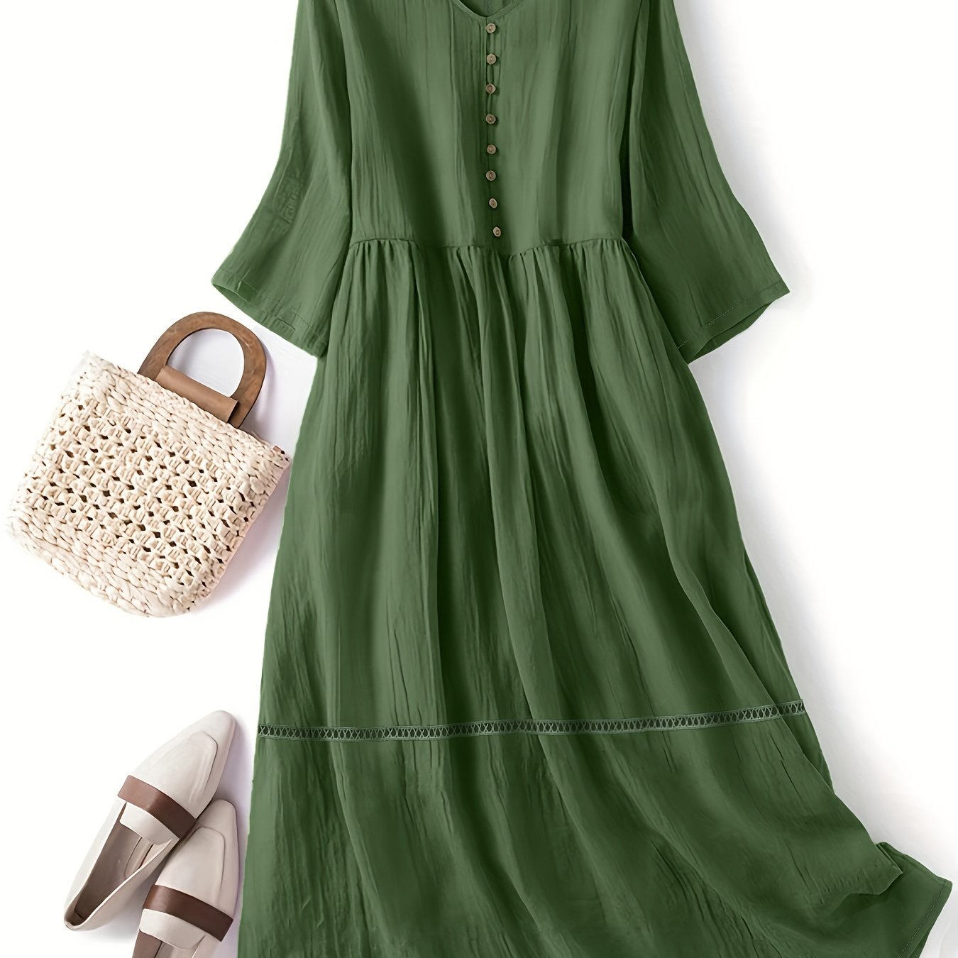vlovelaw  Plus Size Casual Dress, Women's Plus Solid Button Decor Long Sleeve V Neck Dress
