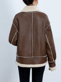 Fuzzy Trim Biker Jacket, Casual Zip Up Long Sleeve Winter Outerwear, Women's Clothing