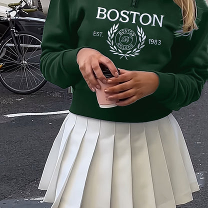 vlovelaw  Boston Print Zip Sweatshirt, Casual Long Sleeve Polo Collar Sweatshirt, Women's Clothing