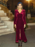 Button Front V Neck Dress, Elegant Solid Long Sleeve Party Dress, Women's Clothing
