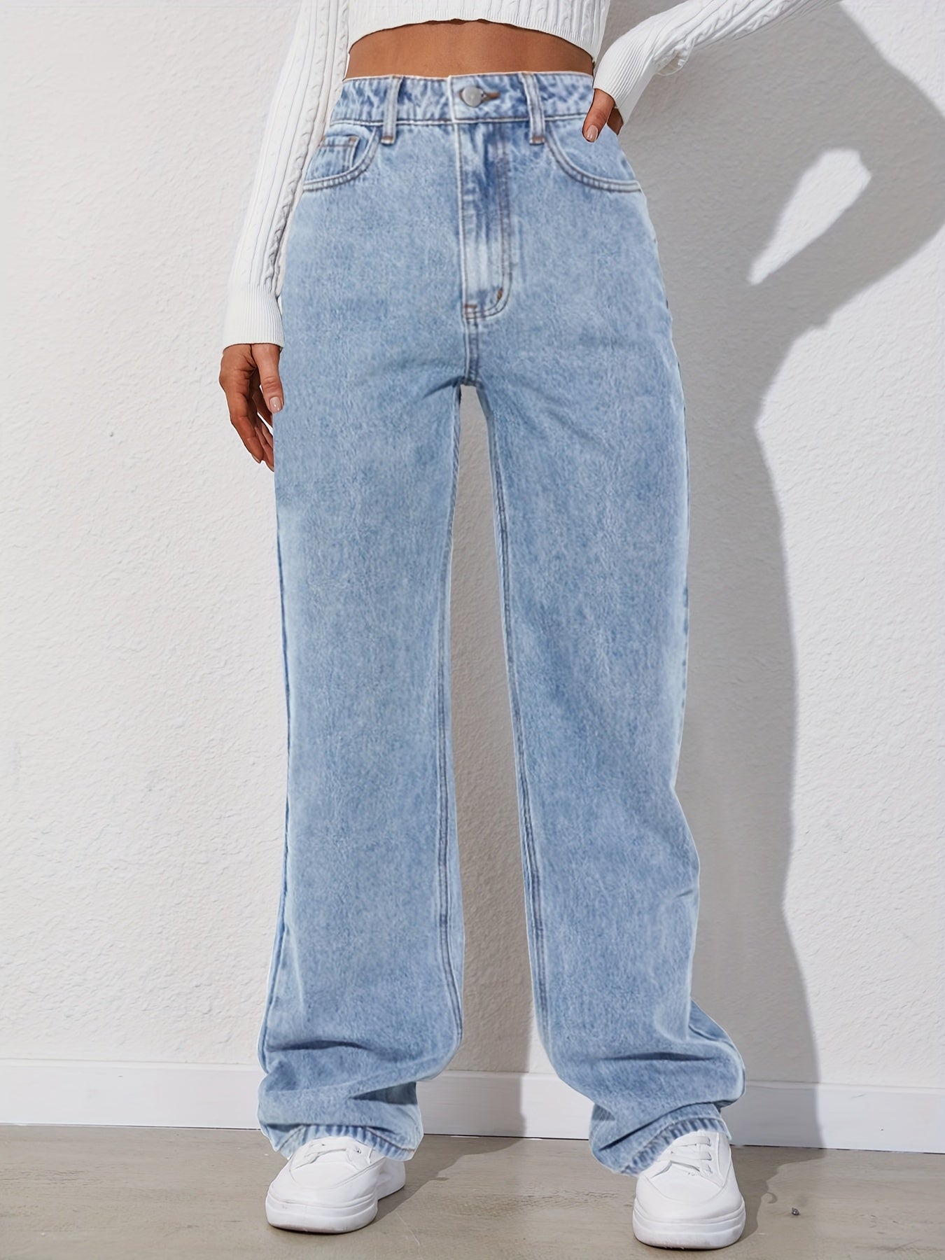 vlovelaw Light Blue Versatile Straight Jeans, Loose Fit Slash Pockets Baggy Denim Pants, Women's Denim Jeans & Clothing