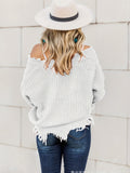 vlovelaw  Distressed Solid V Neck Pullover Sweater, Casual Raw Trim Long Sleeve Loose Sweater, Women's Clothing
