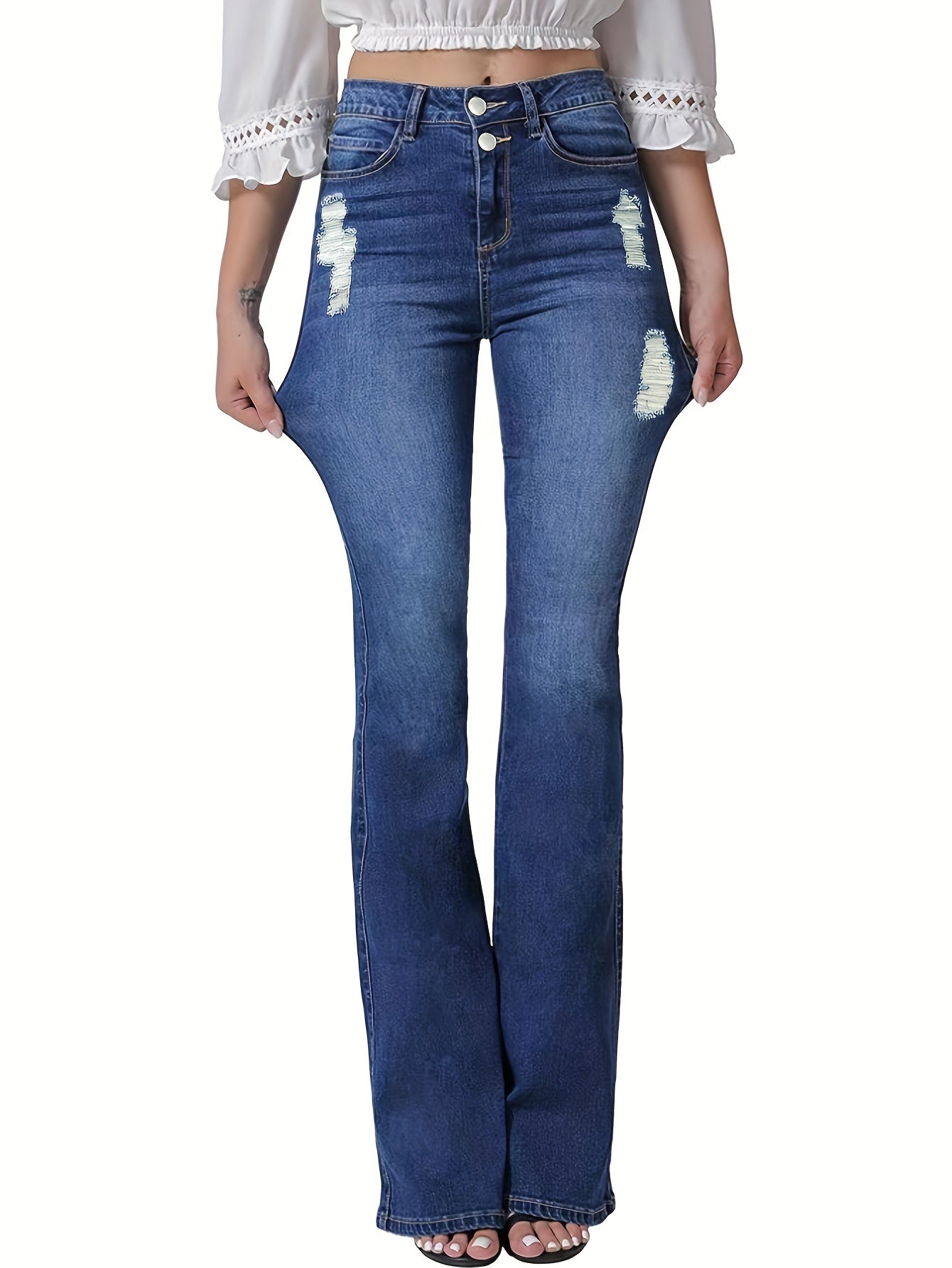 vlovelaw  Blue Double Button Flare Jeans, High Waist Ripped Holes High Stretch Versatile Bell Bottom Jeans, Women's Denim Jeans & Clothing