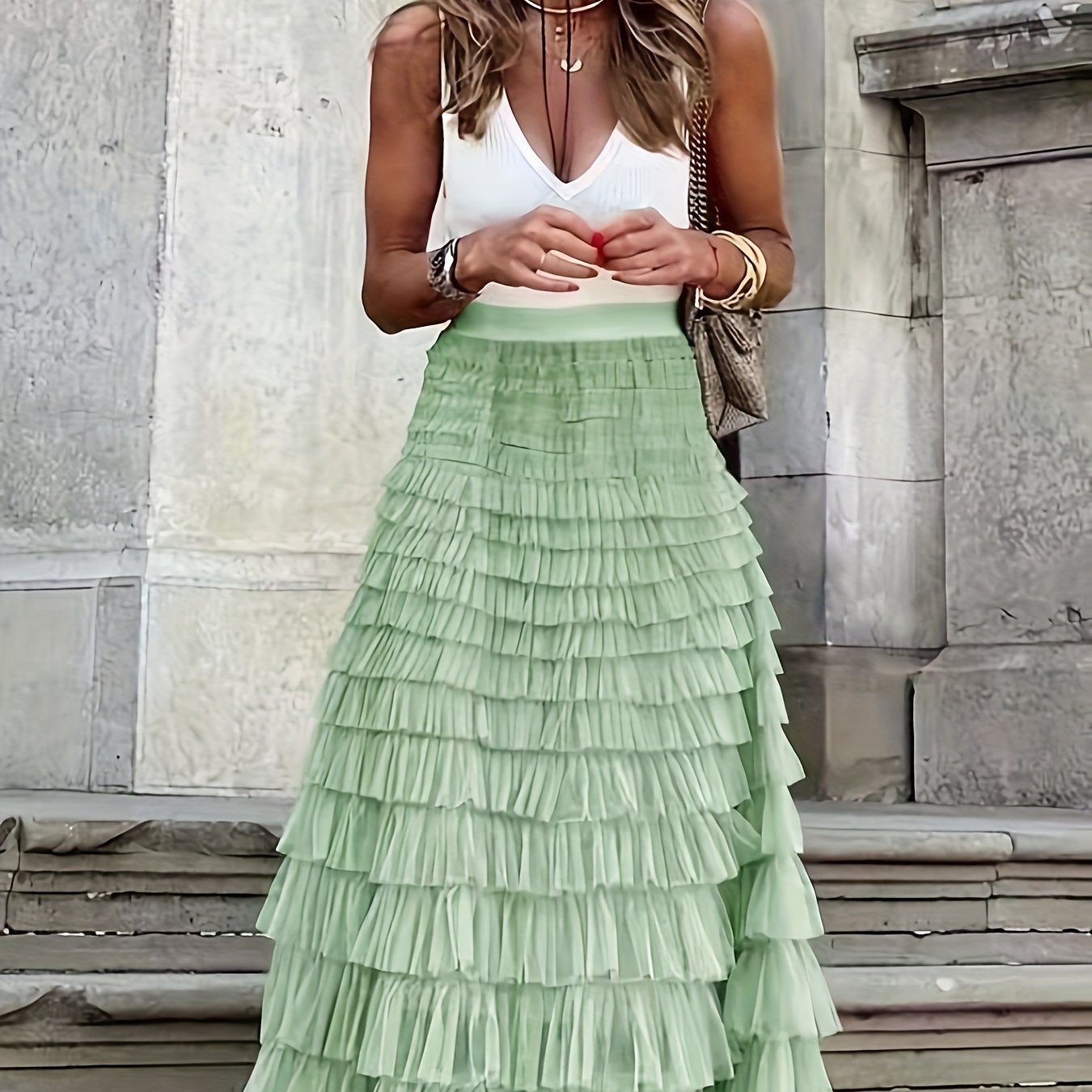vlovelaw  Mesh Layered Hem Skirt, Boho High Waist Skirt, Women's Clothing