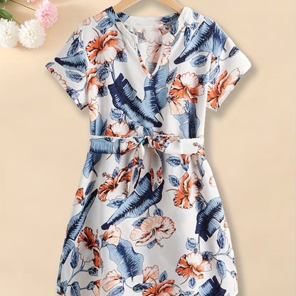 vlovelaw  Girls Geometric Graphics Batwing Sleeve Curved Hem Casual Belted Dress Kids Summer Clothes