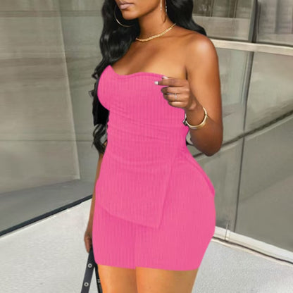 vlovelaw Solid Ribbed Two-piece Set, Slit Hem Sleeveless Tube Top & Flare Leg Pants Outfits, Women's Clothing