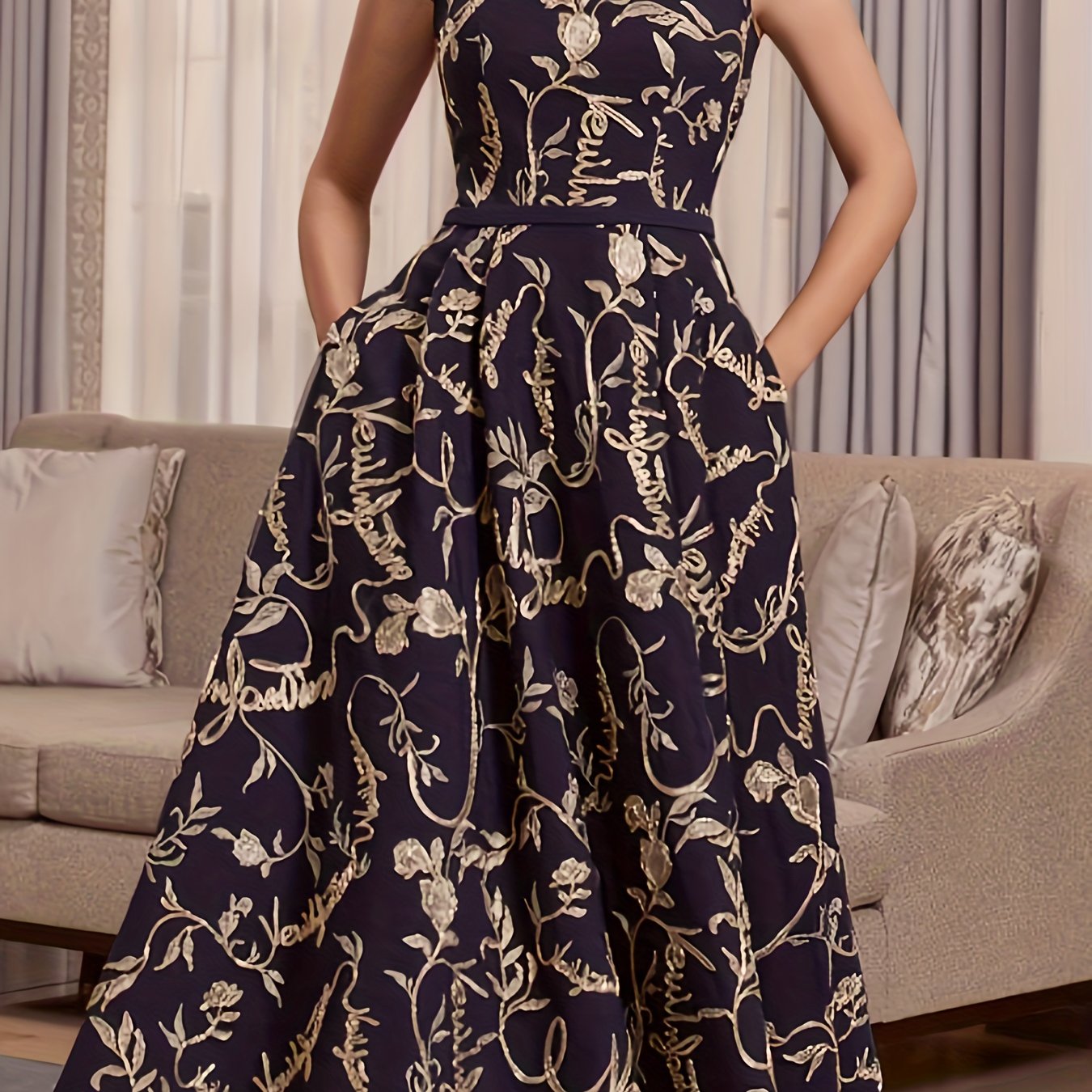 vlovelaw Plus Size Elegant Bridesmaid Dress, Women's Plus Floral Print Cap Sleeve Square Neck A-line Maxi Evening Formal Dress