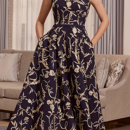 vlovelaw Plus Size Elegant Bridesmaid Dress, Women's Plus Floral Print Cap Sleeve Square Neck A-line Maxi Evening Formal Dress