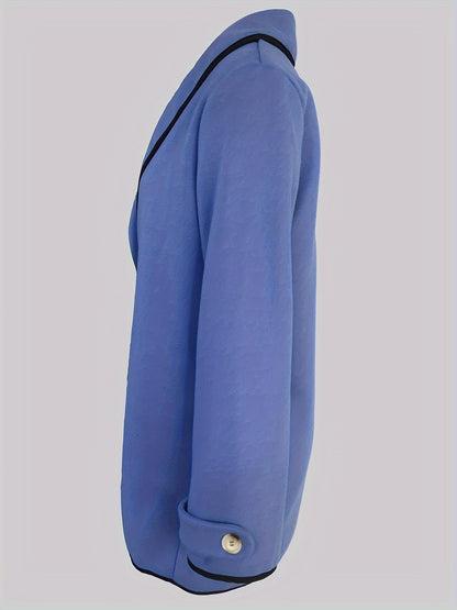 Plus Size Casual Coat, Women's Plus Solid Binding Single Breast Button Long Sleeve Lapel Collar Woolen Coat