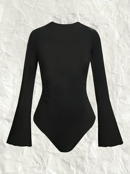 vlovelaw Solid Square Neck Slim Bodysuit, Elegant Bell Sleeve Bodysuit, Women's Clothing