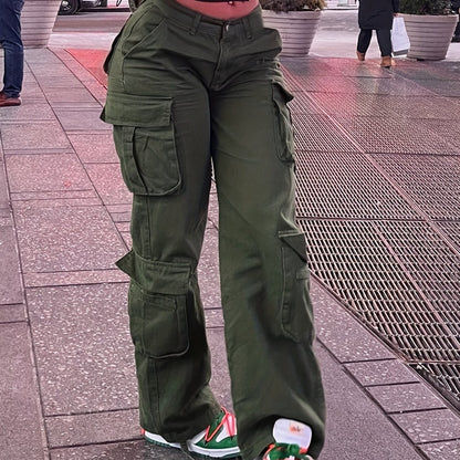 vlovelaw Women's Y2K Streetwear Cargo Pants - Vintage 90s High Waisted Wide Leg Overalls With Pockets