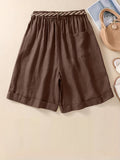 vlovelaw  Slant Pockets Belted Rolled Shorts, Casual Button Decor Loose Shorts For Spring & Summer, Women's Clothing