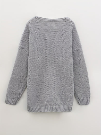 Letter Pattern V Neck Pullover Sweater, Casual Long Sleeve Drop Shoulder Sweater, Women's Clothing