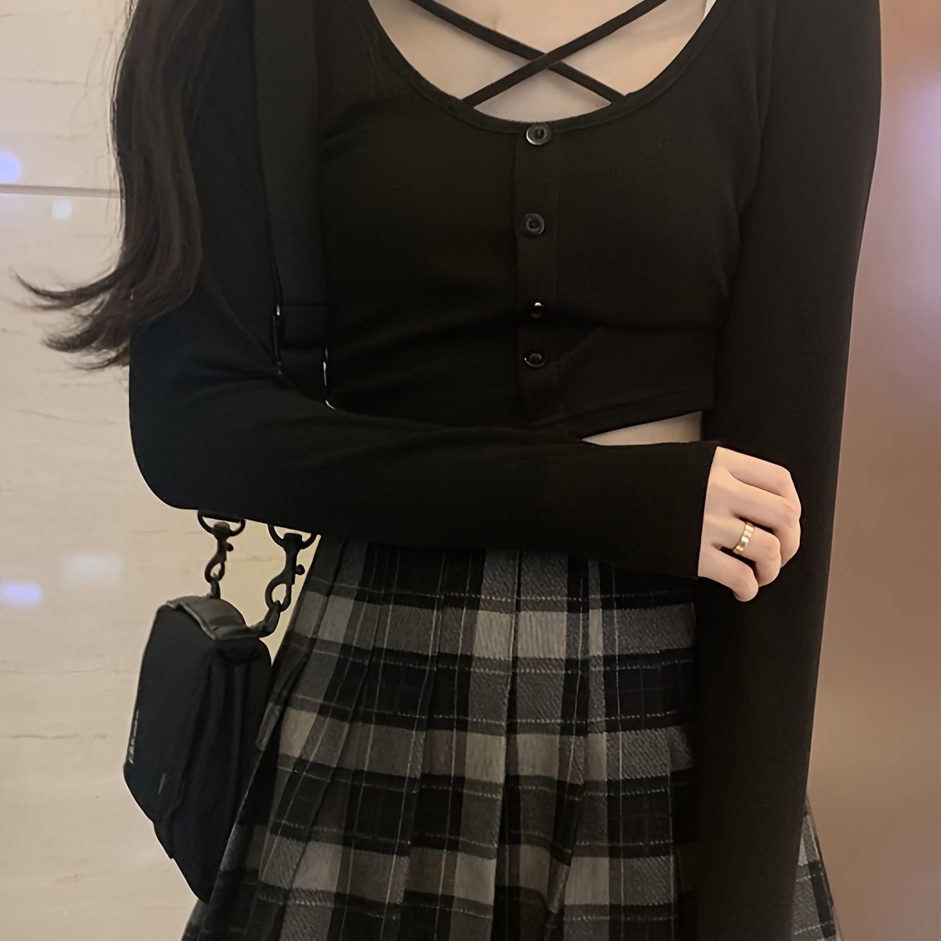 vlovelaw  Button Front Crisscross Crop T-Shirt, Casual Long Sleeve T-Shirt For Spring & Fall, Women's Clothing