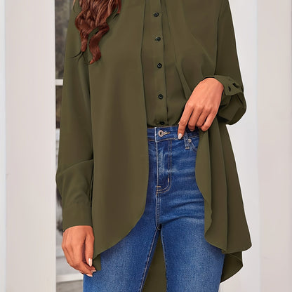 vlovelaw  Solid Button Front Shirt, Casual Crew Neck Cuff Sleeve Shirt For Spring & Fall, Women's Clothing