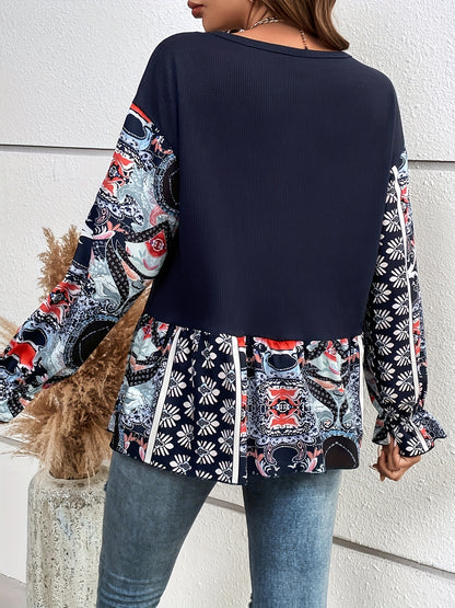 vlovelaw  Tribal Stitching Color Block Tee, Casual Long Sleeve Ruffle Trim T-shirt, Women's Clothing