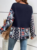 vlovelaw  Tribal Stitching Color Block Tee, Casual Long Sleeve Ruffle Trim T-shirt, Women's Clothing