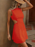 Cut Out Waist Tank Dress, Elegant Crew Neck Sleeveless Tank Dress, Women's Clothing
