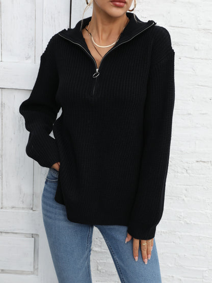 vlovelaw Long Sleeve Half Zip Sweater, Side Slit Casual Sweater For Winter & Fall, Women's Clothing