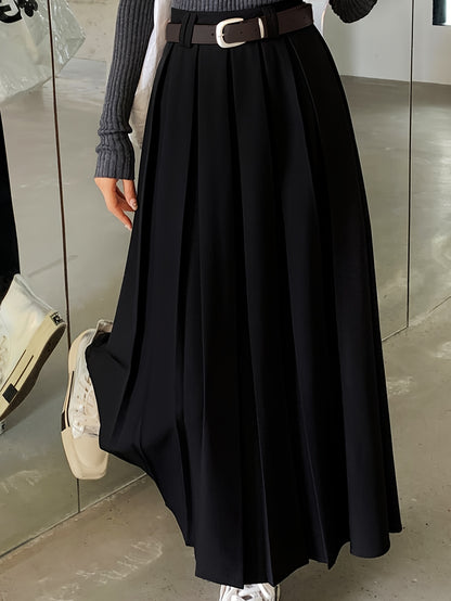 Solid Pleated A-line Skirt, Preppy Skirt For Spring & Fall, Women's Clothing