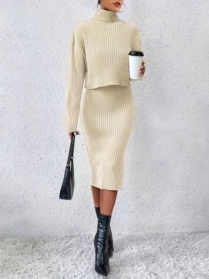 Casual Sweater Two-piece Set, Turtleneck Long Sleeve Tops & Sleeveless Bodycon Dress Outfits, Women's Clothing