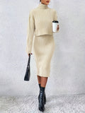 Casual Sweater Two-piece Set, Turtleneck Long Sleeve Tops & Sleeveless Bodycon Dress Outfits, Women's Clothing