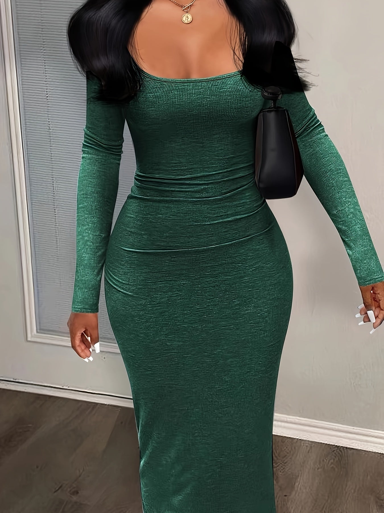 vlovelaw Squared Neck Solid Maxi Dress, Casual Long Sleeve Bodycon Dress, Women's Clothing