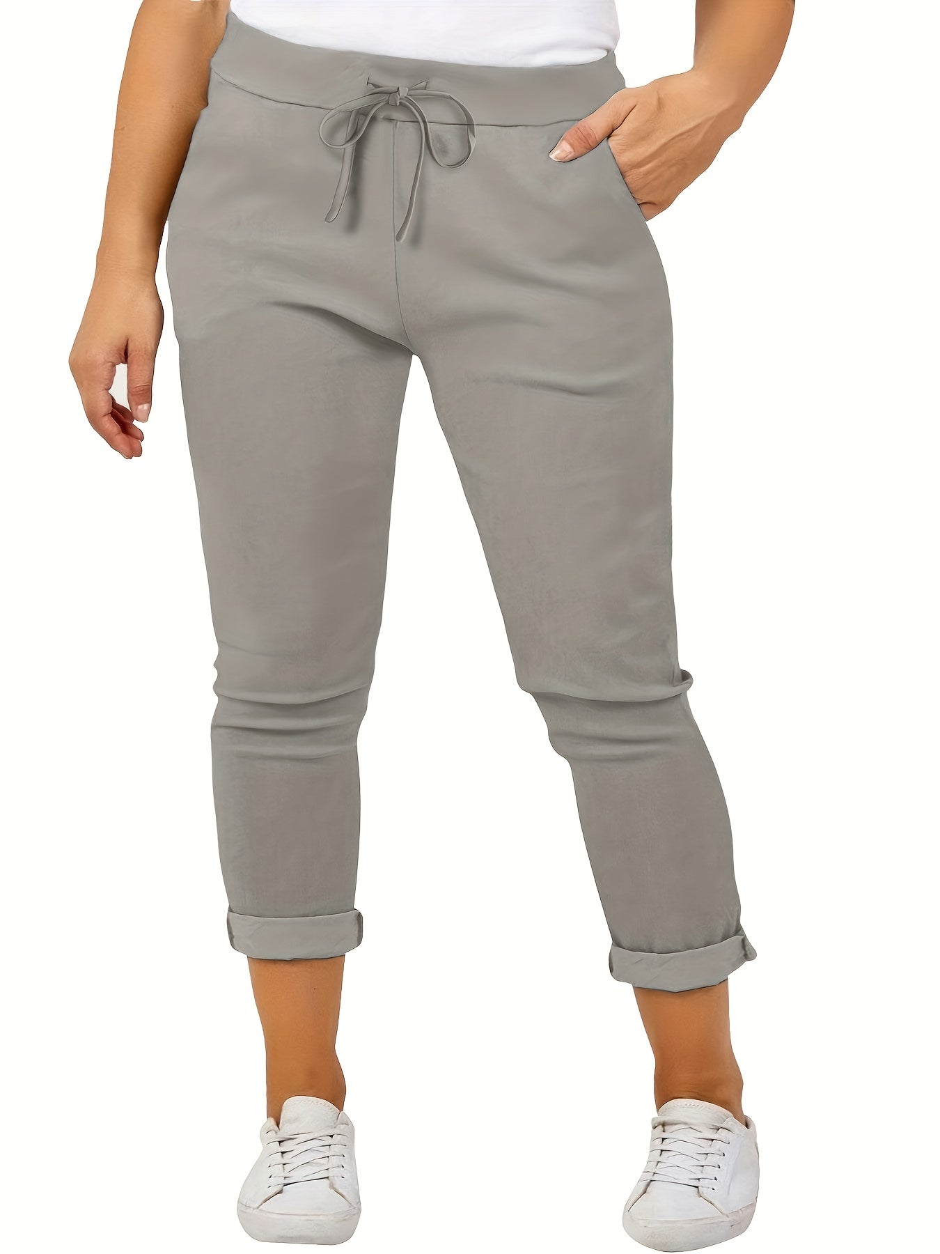 vlovelaw  Plus Size Casual Pants, Women's Plus Solid Drawstring Roll Up Hem Slight Stretch Pants