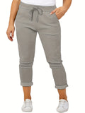 vlovelaw  Plus Size Casual Pants, Women's Plus Solid Drawstring Roll Up Hem Slight Stretch Pants