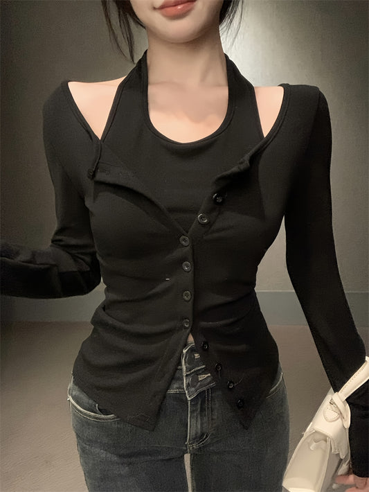 vlovelaw Faux Twinset Halter Neck Top, Casual Long Sleeve Button Top For Spring & Fall, Women's Clothing