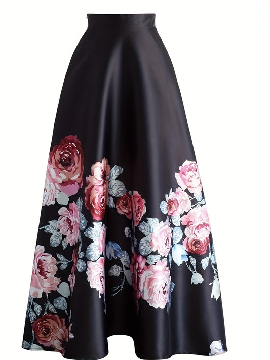 Plus Size Elegant Skirt, Women's Plus Floral Print High Rise Non-stretch A-line Maxi Skirt