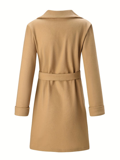 vlovelaw  Lapel Neck Belted Coat, Elegant Long Sleeve Coat For Fall & Winter, Women's Clothing