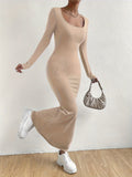 Solid Long Sleeve Knit Dress, Casual Square Neck Slim Dress For Spring & Fall, Women's Clothing