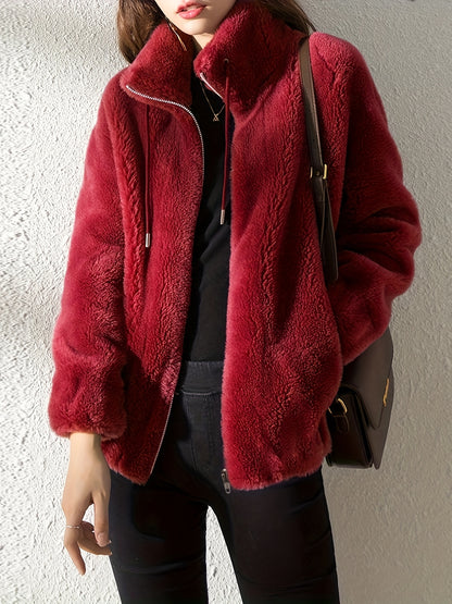 xieyinshe  Drawstring Teddy Coat, Casual Zip Up Long Sleeve Warm Outerwear, Women's Clothing