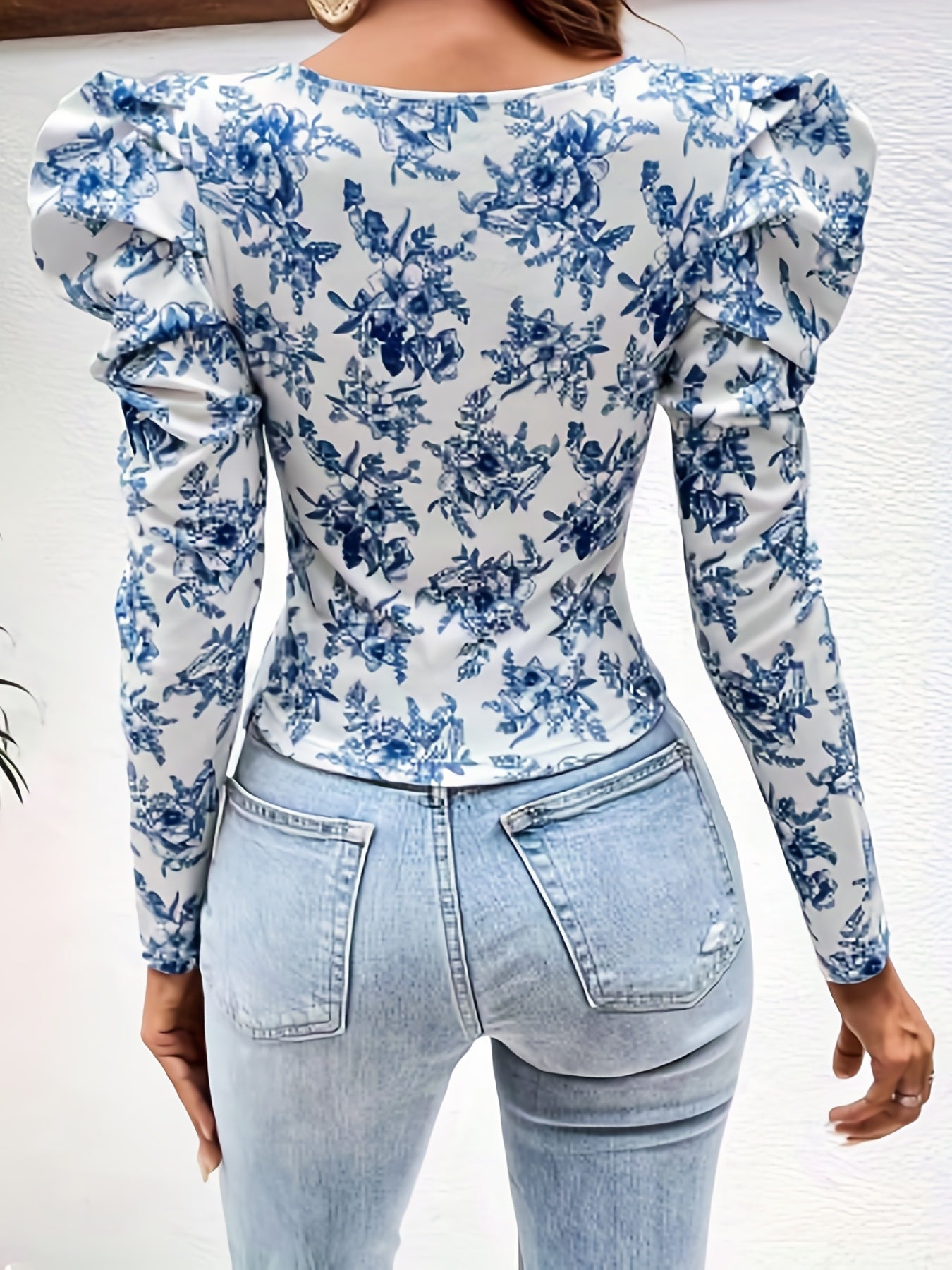 vlovelaw  Floral Print Square Neck T-Shirt, Casual Long Puff Sleeve Top For Spring & Fall, Women's Clothing