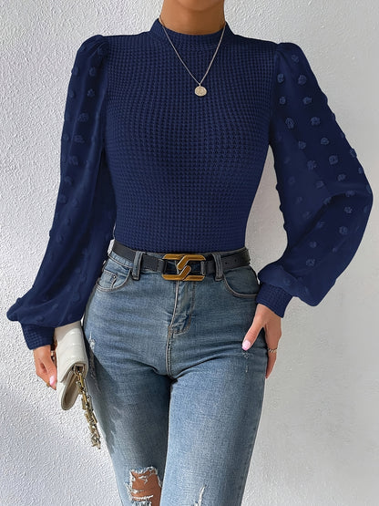 vlovelaw  Swiss Dot Mock Neck Blouse, Casual Long Lantern Sleeve Blouse For Spring & Fall, Women's Clothing