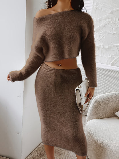 vlovelaw  Solid Knitted Casual Two-piece Set, Slant Shoulder Crop Top & Elastic Waist Skirt Outfits, Women's Clothing