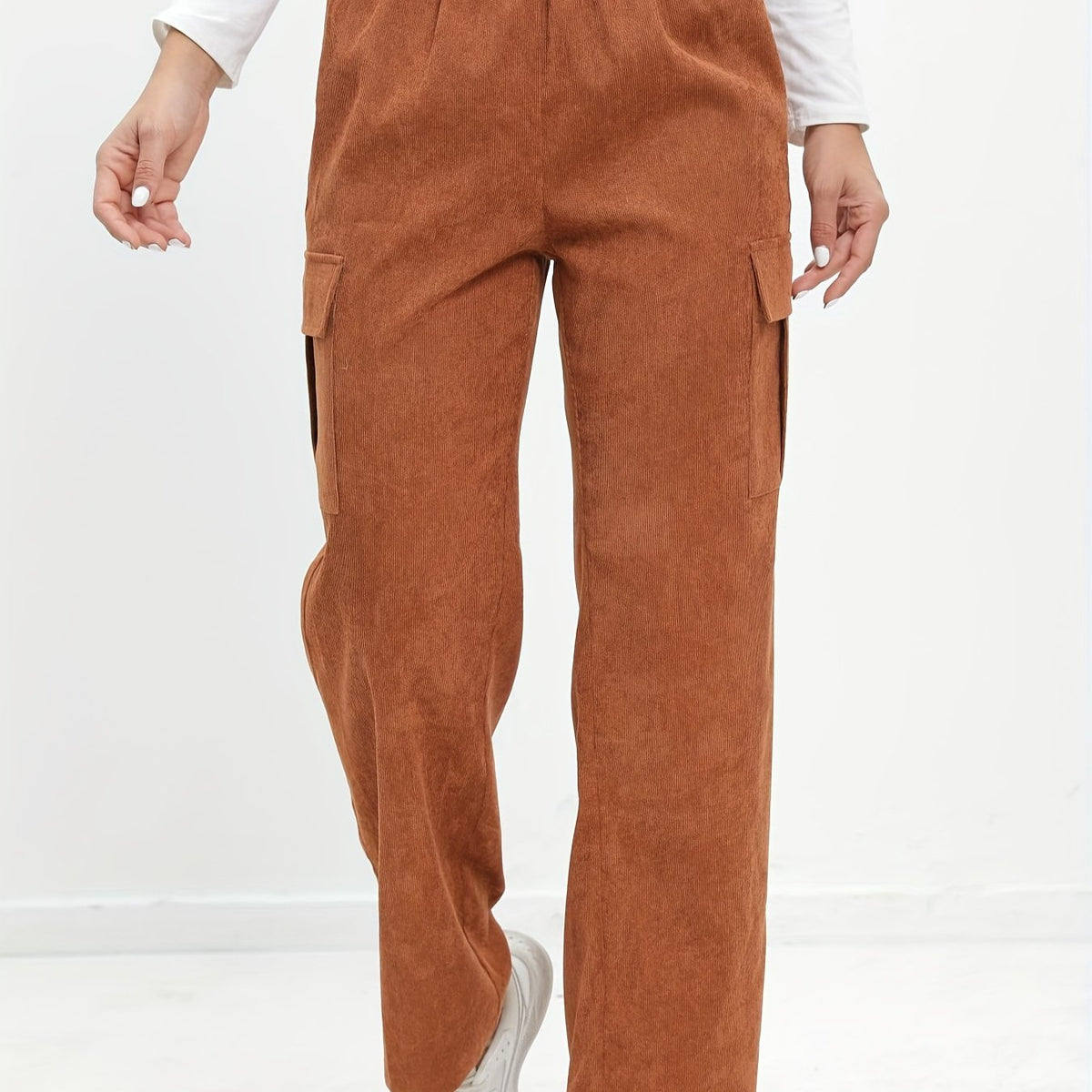 vlovelaw  Solid Pocket Straight Leg Pants, Casual Elastic Waist Pants, Women's Clothing