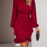 vlovelaw  Solid Crew Neck Dress, Elegant Long Sleeve Ruffle Hem Dress, Women's Clothing