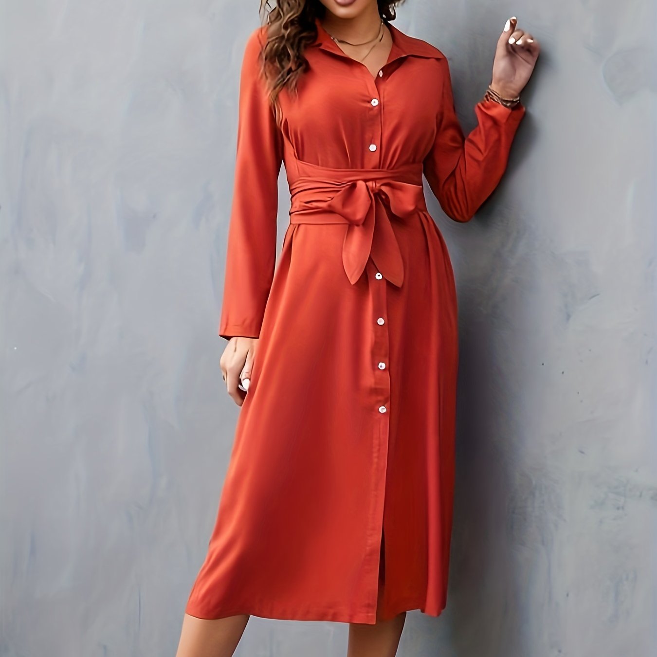 Solid Button Front Belted Dress, Elegant Long Sleeve Slim Dress, Women's Clothing