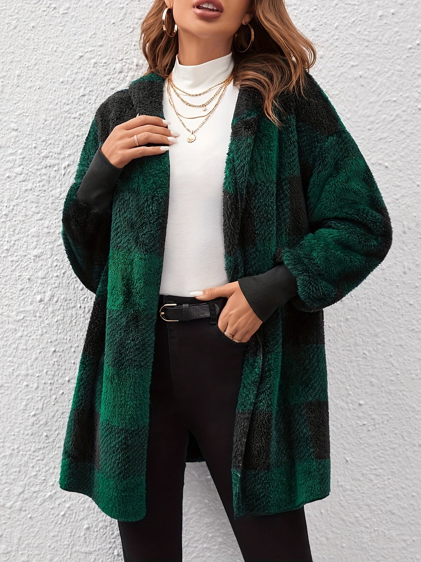 vlovelaw  Plaid Print Open Front Fuzzy Coat, Casual Long Sleeve Hooded Coat For Fall & Winter, Women's Clothing