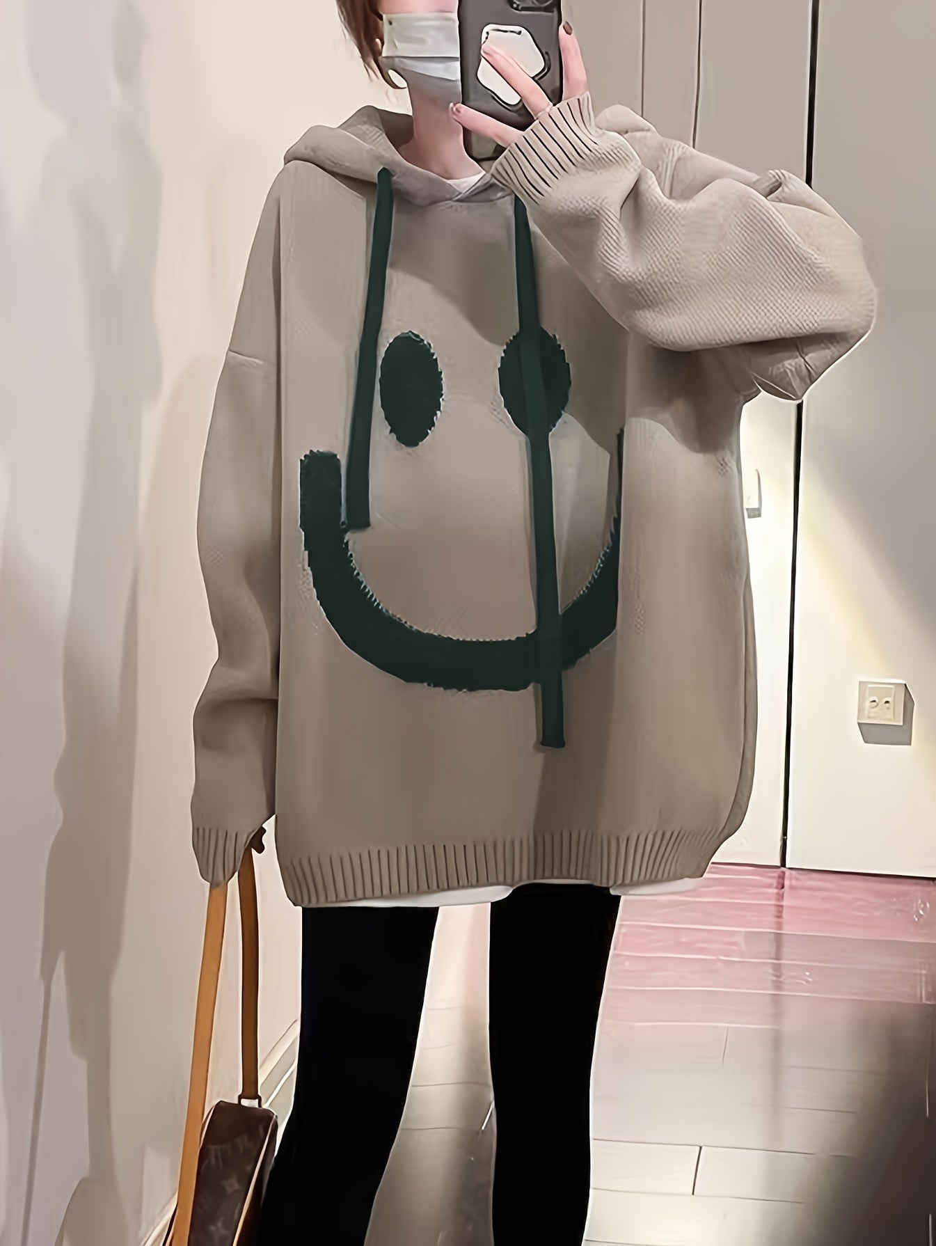 vlovelaw Smile Face Print Drawstring Hoodie, Casual Long Sleeve Drop Shoulder Top, Women's Clothing