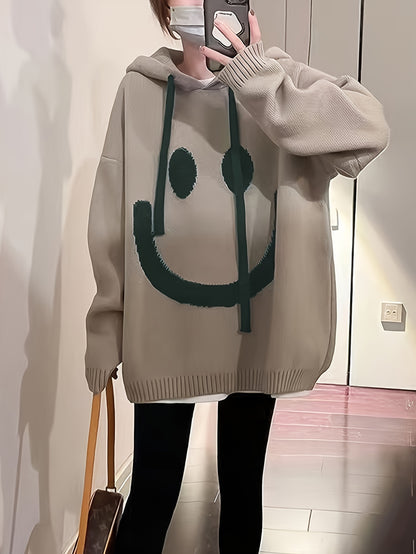 vlovelaw Smile Face Print Drawstring Hoodie, Casual Long Sleeve Drop Shoulder Top, Women's Clothing