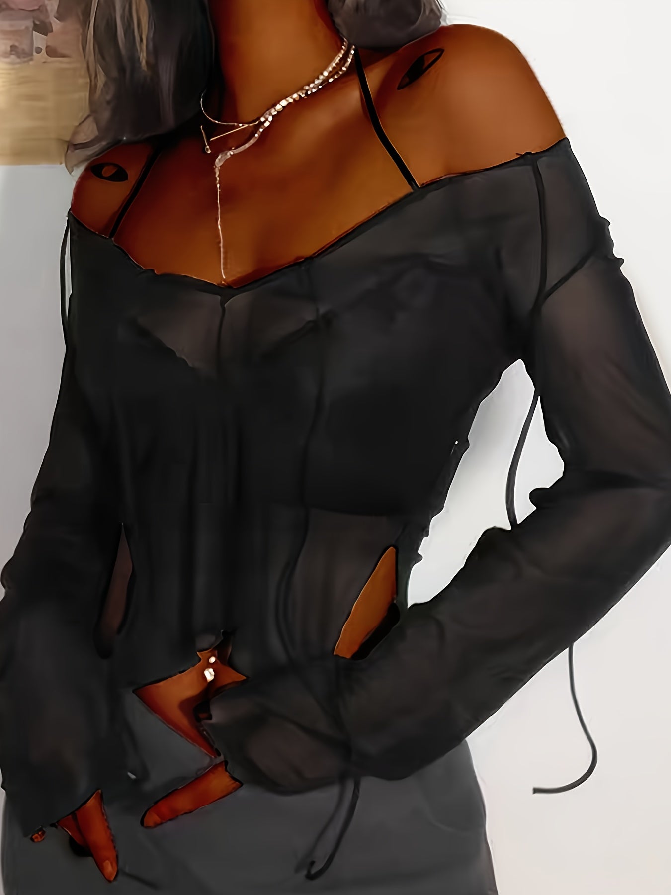 vlovelaw  Solid Cold Shoulder Split Side T-shirt, Y2K Long Sleeve Sheer Top, Women's Clothing