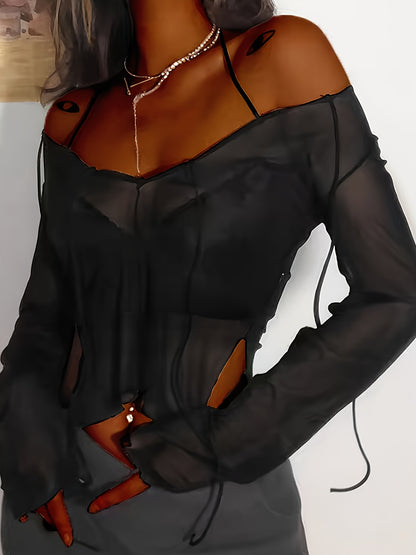 vlovelaw  Solid Cold Shoulder Split Side T-shirt, Y2K Long Sleeve Sheer Top, Women's Clothing