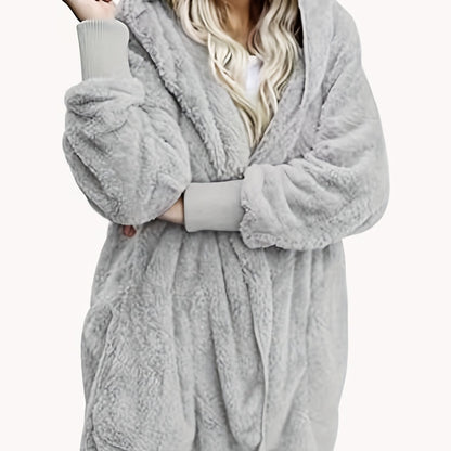 Solid Hooded Fuzzy Coat, Casual Long Sleeve Open Front Coat For Winter & Fall, Women's Clothing